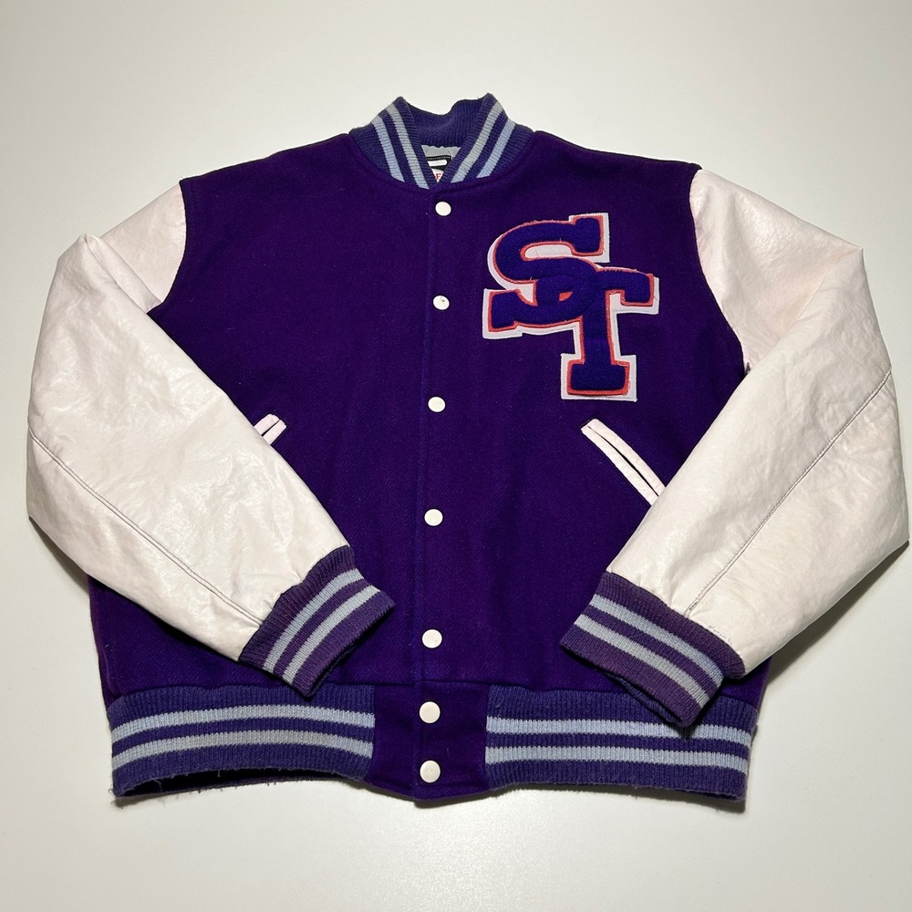 Neff Varsity Jacket Mens Large Purple Wool White Leather Sleeves Made in USA ST